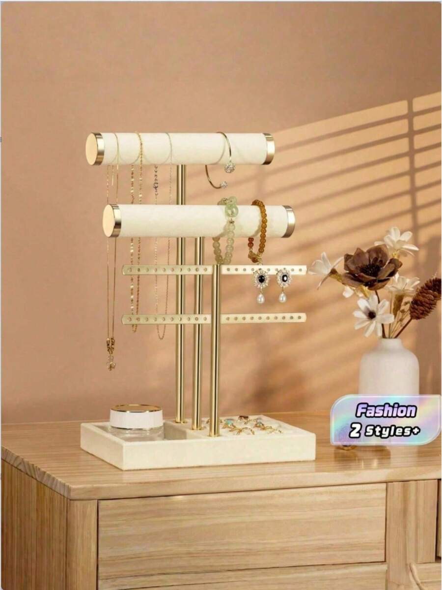 1pc 3-Tier Detachable T-Shaped Beige Velvet Bracelet Display Stand - Bracelet, Necklace, Earring, Ring Jewelry Storage Rack, Unique Mother's Day Gift For Women, Jewelry Box - Multicolor - View 1