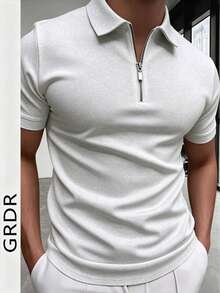 GRDR Men's Summer Polo Collar Half Zip Short Sleeve T-Shirt, Suitable For Outdoor, Vacation And Casual Wear - Light Grey - View 6