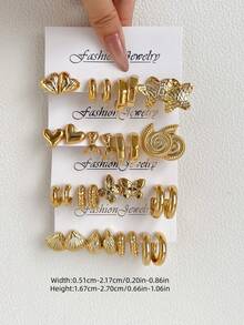 16 Pairs European And American New Style Gold Shell Ocean Creative Design Vacation Old Money Style Retro Street Y2K Geometric Exaggerated Fashion Boutique Earrings Set Combination For Women Graduation Birthday Party Ramadan Mother's Day Valentine's Day Christmas New Year Daily Wear - Multicolor - View 4