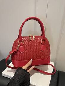 Fashion Solid Color Embossed Handbag - Red - View 3
