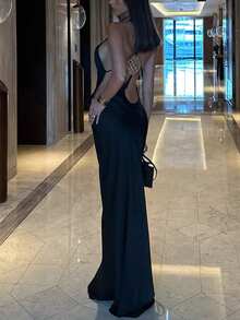 DOUCIU French Style Solid Color Backless Sexy Halter Neck Maxi Dress Beach Vacation Style - Black - View 4