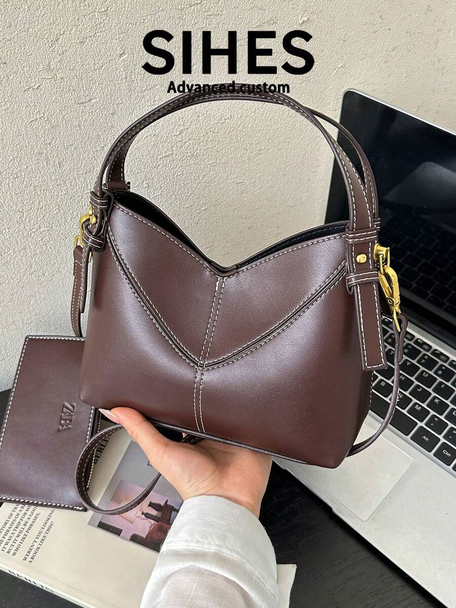 1 Stück einfarbiger PU-Leder Damen Rucksack Schultertasche Umhängetasche, modische Handtasche Eimertasche, verstellbarer Schultergurt, geeignet für Mädchen, Frauen, Studenten, Berufseinsteiger, Angestellte, perfekt für Büro, Schule, Arbeit, Geschäft, Pendeln, Outdoor, Reisen, Einkaufen und mehr (inklusive kleiner Tasche)