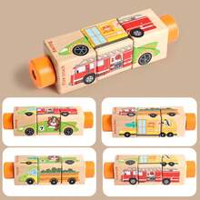 1 Set Montessori Rotatable Solid Wood Blocks Decor, Ocean Animals, Transportation, Profession Image Patterns, Toddler Color & Object Cognition Desktop Educational Toy - Multicolor - View 5