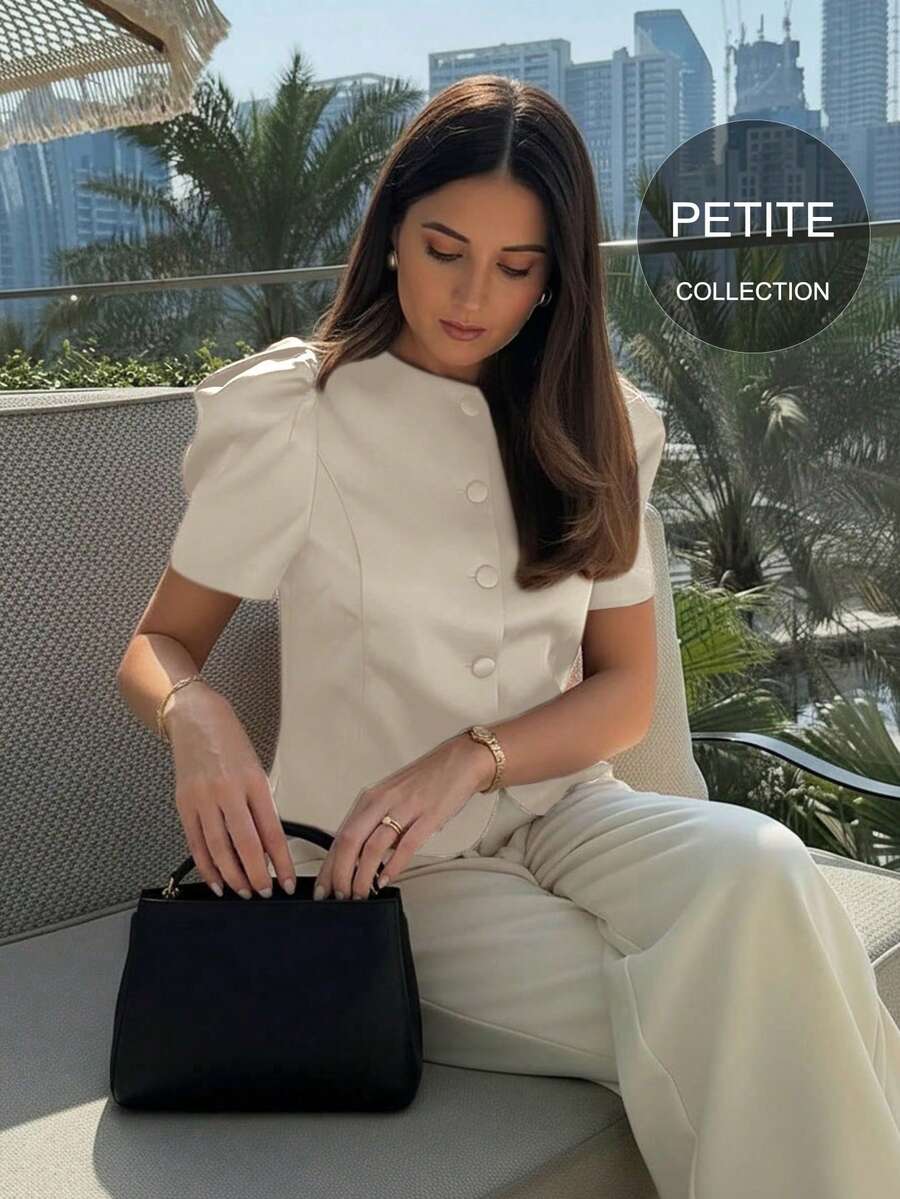 Petite Women's Summer Top, Commuter, Holiday Wear, Casual Top, Birthday, Outing Top, Elegant Round Neck Top, Puff Short Sleeve Front Button Top, Fashionable Elegant Short Sleeve Thin Lightweight Top - Apricot - View 1