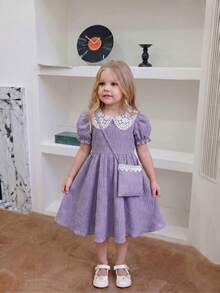 Young Girl' Fashion Casual Ruffle Collar Puff Sleeve Dress + Matching Simple Versatile Bag Set - Mauve Purple - View 2