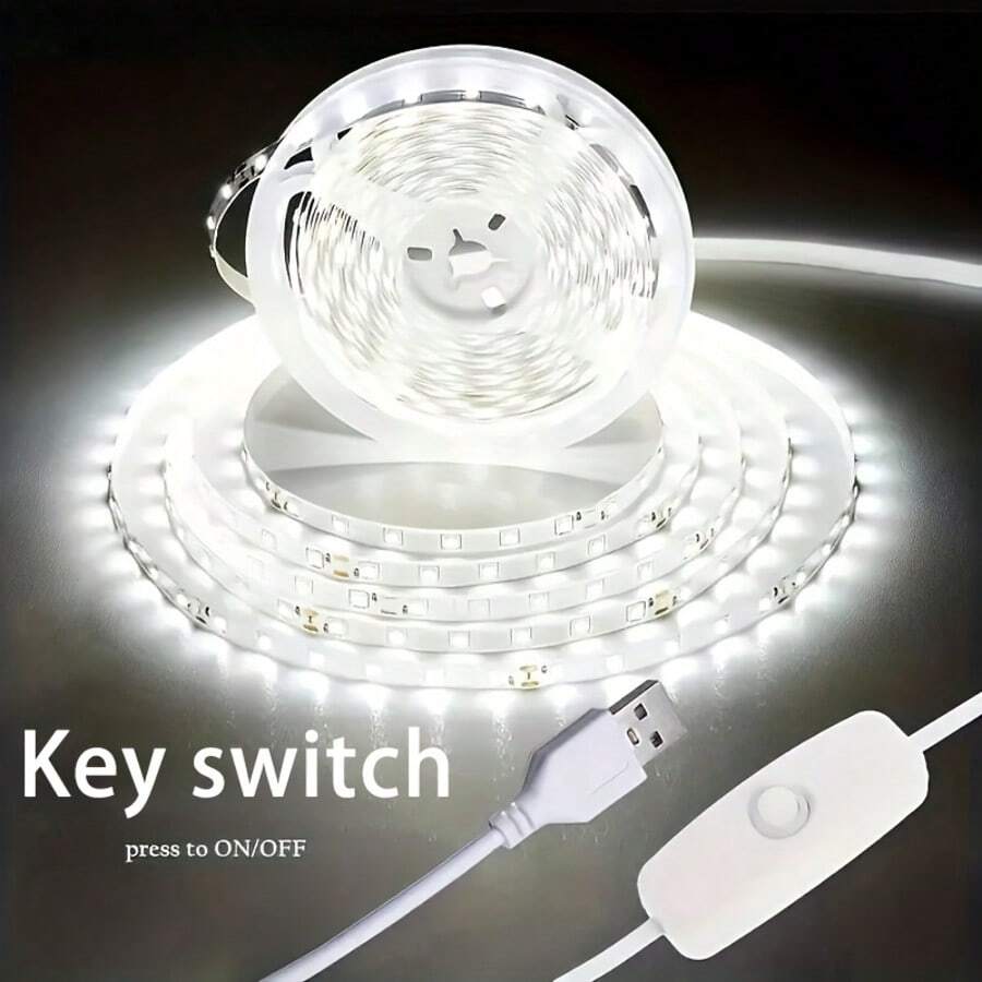 1pc USB Flexible LED Light Strip With Button Switch, Self-Adhesive Tape LED Light, Warm White/White Light, Indoor Room Decoration Light, Suitable For Bedroom, Vanity Mirror, Kitchen, Living Room, Wardrobe Home Decor - White - View 1
