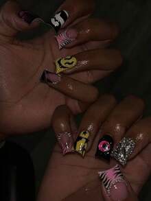 24pcs Y2K Long Duckbill Star Leopard Print French Press-On Nails, Rhinestone And Stud Decor, Acrylic Fake Nails Set, Includes: 1pc Jelly Glue And 1pc Nail File. Gothic Style. - Multicolor - View 12