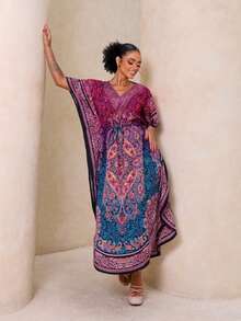 Long Kaftan Dress With Split Fabric And Drawstring, Beach Dress For Vacation - Hot Pink - View 3