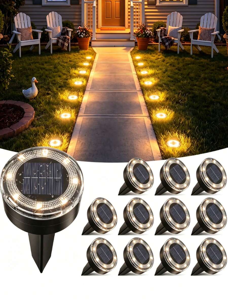 Mini Solar Ground Lights, 12/8/7/5/4/2pcs Per Pack. Upgraded LED Flat Landscape Lights With Auto On/Off Function. Suitable For Outdoor Walkways, Gardens, Patios, Yards And Driveways. - 無鋼圈 - 查看 1