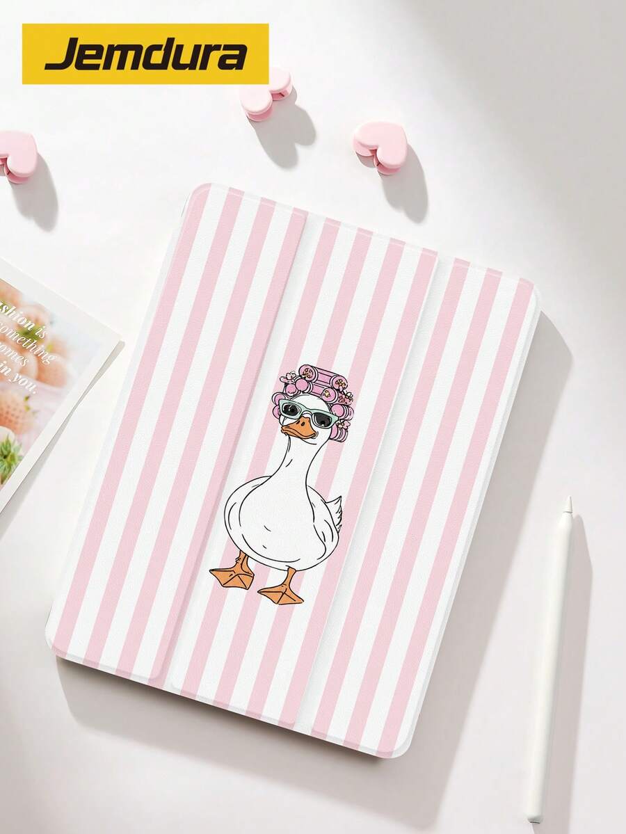 Minimalist Fashionable Light Pink Striped, Exquisite Duck Print Pattern Tablet Protective Case, Tri-Fold Stand Protective Shell, Compatible With IPad 10.2 Inch Pro 2021/2020 9th/10th Gen/ (A16) 11 Inch 11th Gen 2025, Galaxy Tab A8 10.5 Inch 2022, Matepad 10.4/ Tab/, Anti-Drop, With Pen Slot, Supports Sleep/Wake, Gift For Kids / Gift For Family