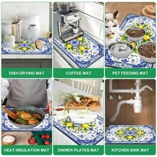 1 pieza Tapete de secado con patrón de limón para decoración de cocina, tapete para máquina de café, accesorio para lavandería, bandeja de goteo hecha a mano para cafetera, tapete de piso de cocina, tapete de mesa, tapete de secado de platos para encimera de cocina, tapete de desayuno, bandeja de goteo resistente al calor con respaldo antideslizante, bandeja de goteo de tierra de diatomeas, ocultador de manchas, tapete de goteo de cocina súper absorbente, tapete de escurridor de platos fácil de limpiar, perfecto para cocina, mesa de comedor, cafetería, bar, vacaciones, fiesta, decoración del hogar, regalo de vacaciones - Multicolor - Ver 7