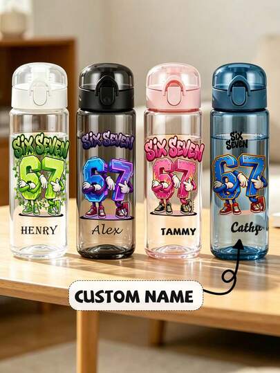 1PC 26oz/780ml Personalized Cartoon 67 Pattern Children's Name Water Bottle - Customizable Baby Name LOGO Plastic Drinkware, Hand Wash, Lightweight, Round, Suitable For Running And Sports, First Day Of School, Back To School Gift, Party, Travel, School Water Bottle, Ideal Gift For Birthday, Graduation, Boys, Girls, Teens