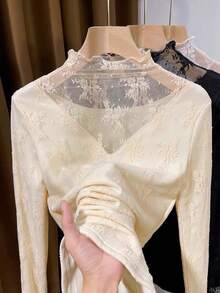 Vuslat Women's Autumn Beige Fleece-Lined Lace Base Layer, Mesh Lace Fabric, Exquisite Floral Embroidery, Semi-High Neck Ruffle Trim V-Neck Faux Two Pieces Design, Suitable For Autumn/Winter Layering, Daily Commute, Dating, Party, Streetwear, Photography - Apricot - View 2