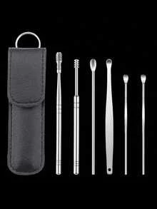 6/1pcs Portable Leather Ear Wax Removal Kit, Includes Ear Spoon, Spiral Spring Ear Cleaner, Travel Size Ear Pick Set, New Stainless Steel Spiral Design, For Adults, No Battery Required, No Power Needed, Suitable For Ear Canal Cleaning Electric Ear Cleaner Accessories - View 11