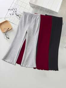 3pcs/Set Girls' Flare Pants, Young Girl' Autumn Vertical Ribbed Trousers, Toddler/Small Child Slightly Flared Long Pants, Solid Color Minimalist Versatile Elegant Pants, Sister Outfit 3-Pack - Burgundy - View 2