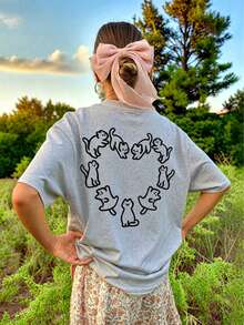 Heart Cat Pattern T-Shirt, Cute Minimalist Print T-Shirt, Cat Lover Aesthetic Casual Short Sleeve, Playful Cute Style Top Summer - Grey - View 6