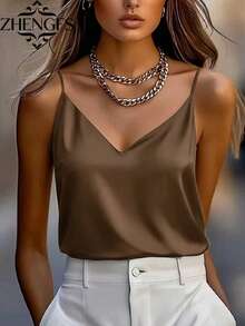 1 pieza Camiseta sin mangas de satén de unicolor elegante y de moda para mujer, adecuada para verano, citas por la noche, oficina, vacaciones, uso casual diario - Café oscuro - Ver 1