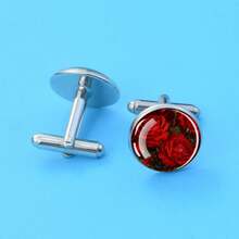 1 Pair Cufflinks Glass Inlay Red Floral Design Elegant Men's Accessory Gift For Formal Wear Sophisticated Round Top Decorative Jewelry - Silver - View 5
