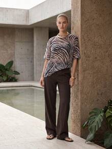 KSTM Women's Zebra Print Short Sleeve Crew Neck Regular Fit Relaxed T-Shirt Casual Mesh Detail Top - Multicolor - View 1