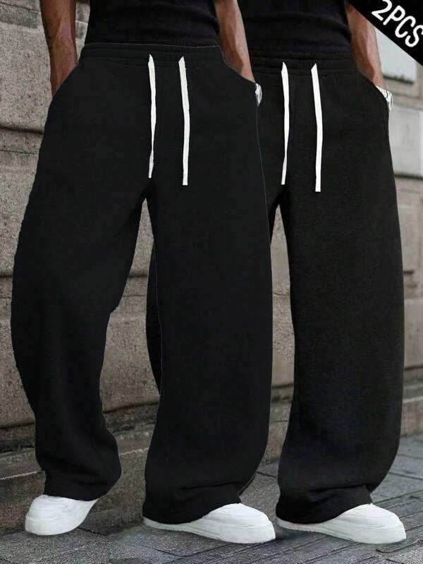 2pcs Men's Casual Sports Sweatpants, Loose Straight Fit, Excellent Drape Suitable For Home And Outdoor Multiple Occasions, Can Be Used As Couple Gift Made Of 100% Polyester Fiber Material, Drawstring Waist Adjustment Suitable As Gift For Boyfriend And Father