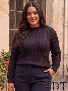Women's Plus Size Elegant Long Sleeve Ribbed Knit Sweater - Winter Fashion - Navy Blue - View 3
