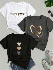 Set de 3 camisetas de manga larga de cuello redondo ajustadas de estilo casual para mujer - Negro - Ver 1