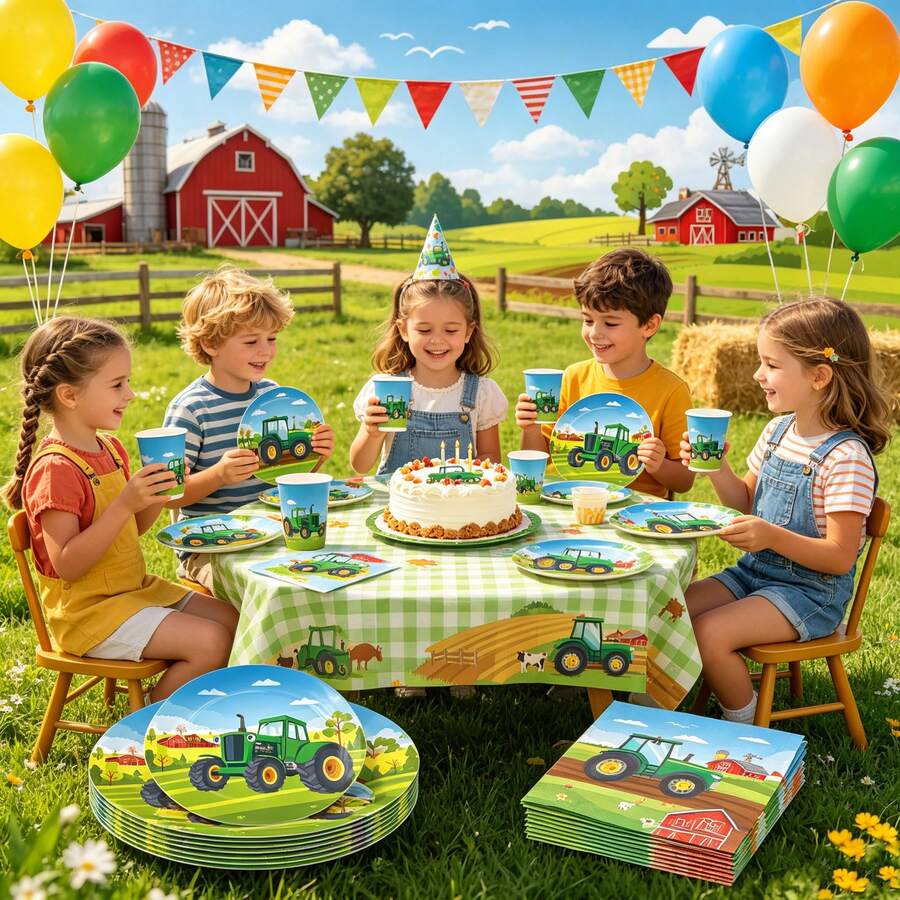 50Pcs Farm Tractor Themed Complete Party Supplies Set, Decor Tableware Fit For Kids Birthday, Family Gathering, Holiday Celebration - View 1