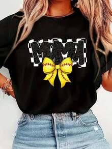Camiseta de manga corta casual para mujer con estampado de leopardo a cuadros y texto "Game Day Black Softball Mama" parrimavera y verano - Negro - Ver 2