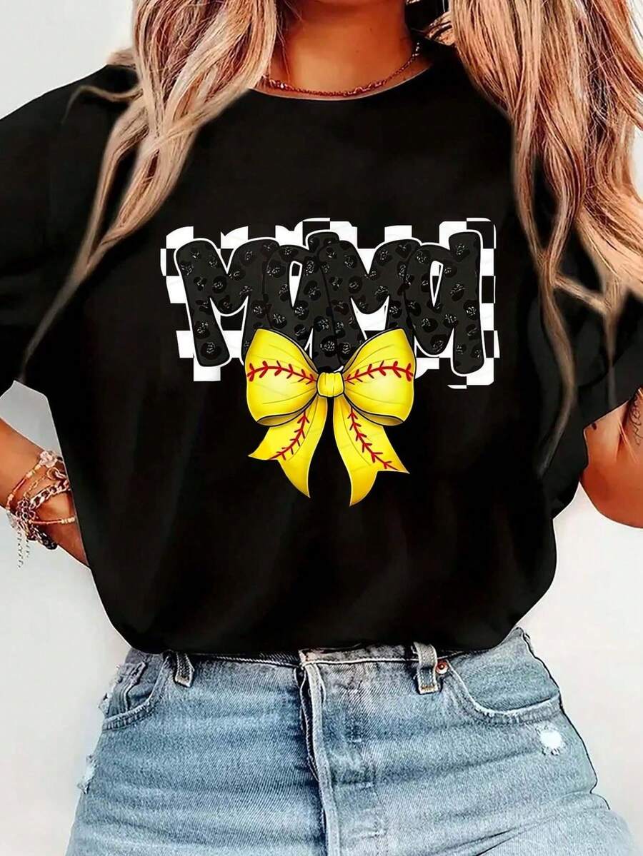Camiseta de manga corta casual para mujer con estampado de leopardo a cuadros y texto "Game Day Black Softball Mama" parrimavera y verano