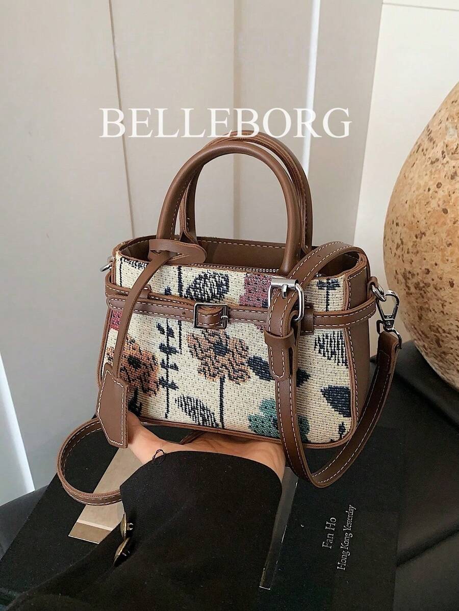 Casual Colorblock Textured Versatile Commuter Vintage Canvas Strap Buckle Women's Small Handheld Square Bag - Coffee Brown - View 1