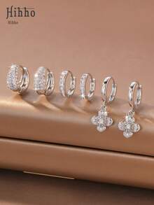 Hihho 6 Stücke/Set Zirkonia Stein Ohrringe Set, Blumen- & Herz-Designs, süßer & lebendiger Stil, beinhaltet Kleeblatt, Cut Out Pavé, minimalistischer Creolen und Kleeblatt Anhänger Stile, dichte Zirkonia Einbettung mit glänzender Oberfläche, geeignet für den täglichen Gebrauch, den Arbeitsweg und leichte gesellige Anlässe - Silber - Übersicht 13