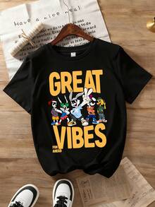 Kaos Lengan Pendek Leher Bulat Motif Kartun Kelinci Lucu dan Huruf + Celana Kargo untuk Anak Laki-Laki, Setelan Musim Panas Terbaru - MultiWarna - View 3