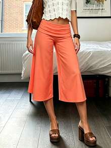 Fold Over Wide Leg Capri Pants For Women Low Rise Lounge Yoga Flare Culottes Y2k Flowy Crop Palazzo Pants - 橘色 - 查看 4