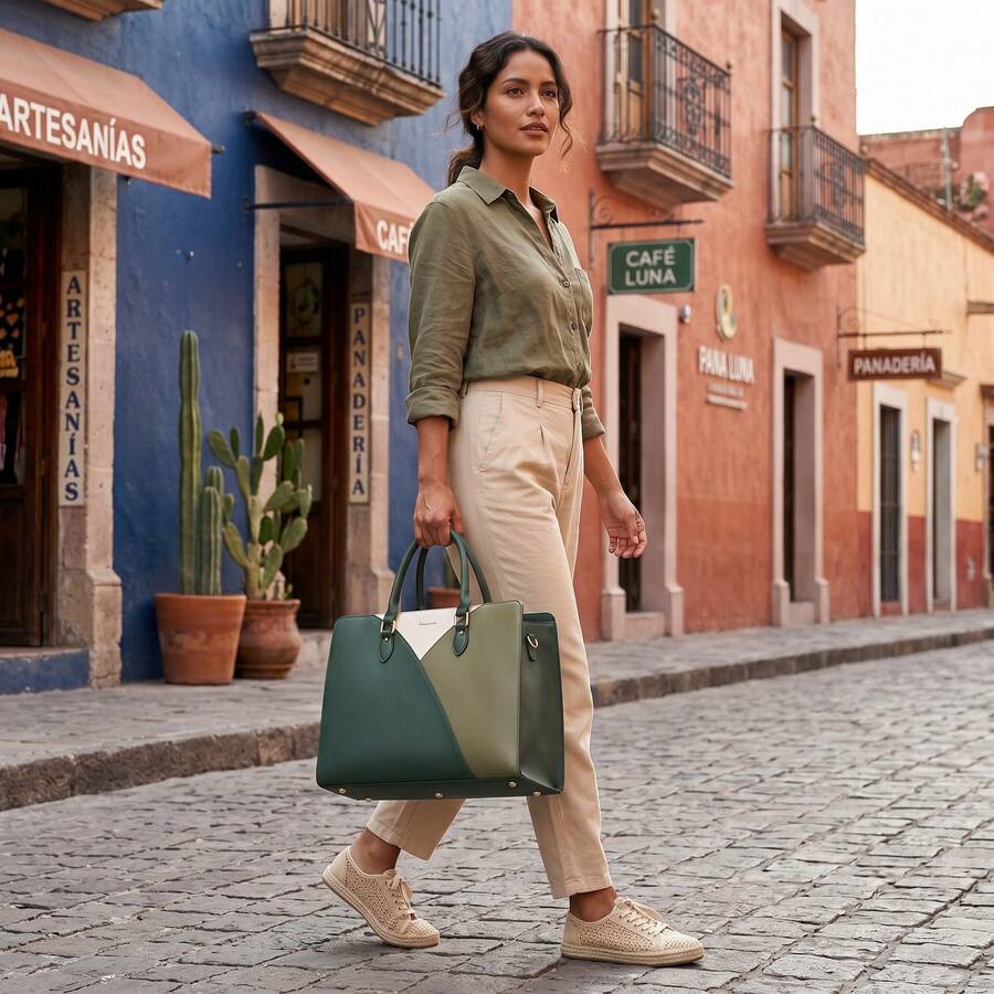 Women's Waterproof Tricolor PU Leather Office Tote Bag, Fits 15.6" Laptop, Detachable Strap, Stylish Design, Ideal For Office, Meetings, Shopping, Air Travel And Everyday Use - 墨綠色 - 查看 1
