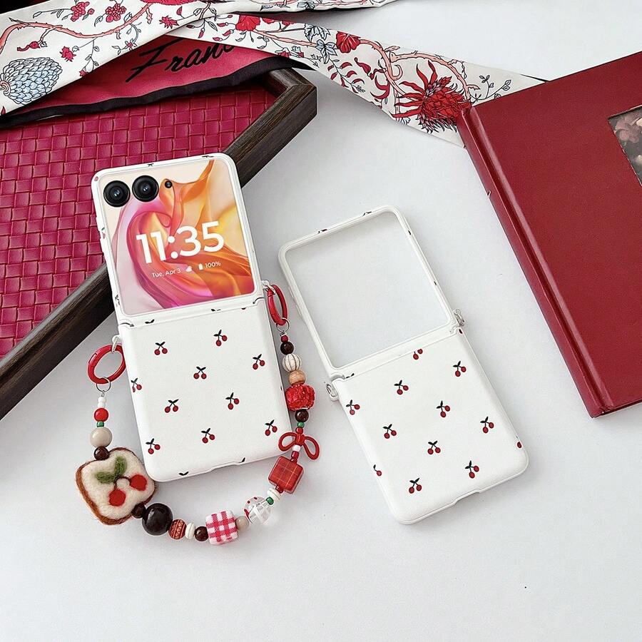keshengtai PU Leather Cherry Pattern Phone Case With Wrist Strap, Hard PC Backplate Protective Phone Case Compatible With Motorola Razr 70, 70 Ultra, Razr 60, Razr 60 Ultra, Razr 50, Razr 50 Ultra