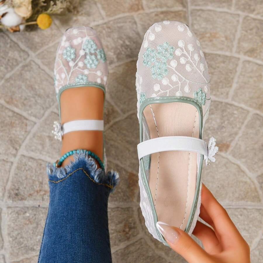 1 Pair Beach Bow Elegant Fashion Vacation Floral Flat Shoes Wedding Party Beach Spring Summer Ballet Shoes - Lime Green - View 1