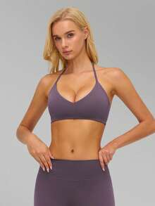 MFVIM Women's Halter Neck Hollow Back Fitted Sports Bra, Versatile Soft Lightweight Skin-Friendly Top For Running And Fitness - Purple - View 8