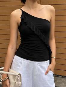 Solid Slim High Waist Crop Tops Women One Shoulder Asymmetrical Slash Neck Ruffle Trim Summer Street Camis - Black - View 2