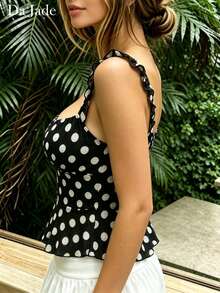Da Jade Damen Y2K Schwarz-Weiß Polka Dot Cami Top mit Rüschen, Spaghettiträgern, quadratischem Ausschnitt, geraffter Brustpartie, Volant Saum, schmaler Passform, weich, für Sommer, Strand, Urlaub, Date Bluse - Schwarz - Übersicht 2