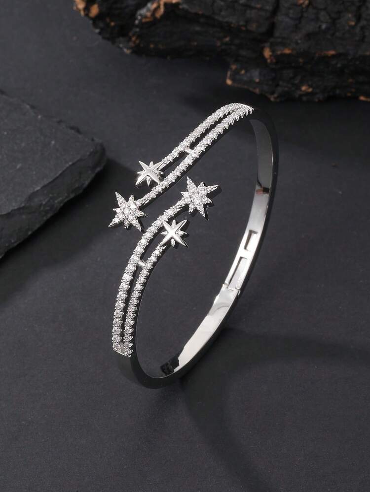 2 Zirconia Multi-Layer Meteor Open Bracelet & Ring Set For Women, Fit Daily, Party, Date & Wedding, Summer All-Match Accessories, Luxury Gift For Ladies - Star - View 6