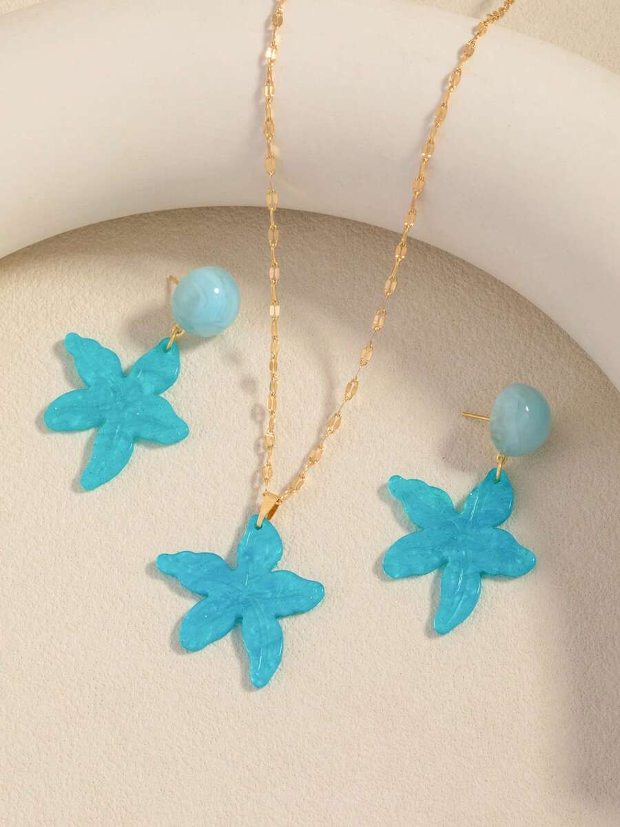 European And American Fashion Cross-Border Beach Vacation Style Starfish Stud Earrings And Necklace Set, Suitable For Daily Wear And Outings - Yellow - View 1