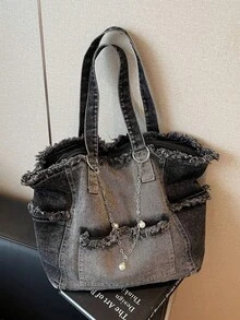 Vintage Chain Decorated Jean Tote Bag For Women Casual Washed Shoulder Bag Summer Spacious Purse Handbag For Cow Girl Travel Essential Back To School - 彩色 - 查看 9