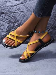 2026 Spring/Summer New Women's Cross Strap Flat Sandals Comfortable Beach - Yellow - View 3