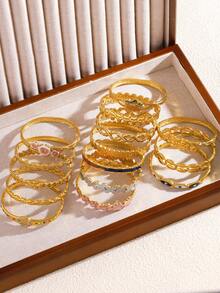 1 Stück Western-Stil charmantes dickes Premium 304 Edelstahl Blumen-Emaille-Textur stapelbares Armband-Set, rostfreies Damen-Schmuck-Gold-Accessoire-Set, geeignet für Alltag, Hochzeit, Party, Feiertagsgeschenk - Goldgelb - Übersicht 2