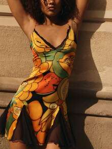 DOUCIU Sexy Fruit Print Lace Patchwork Spaghetti Strap Dress, Beach Vacation Style - Multicolor - View 2