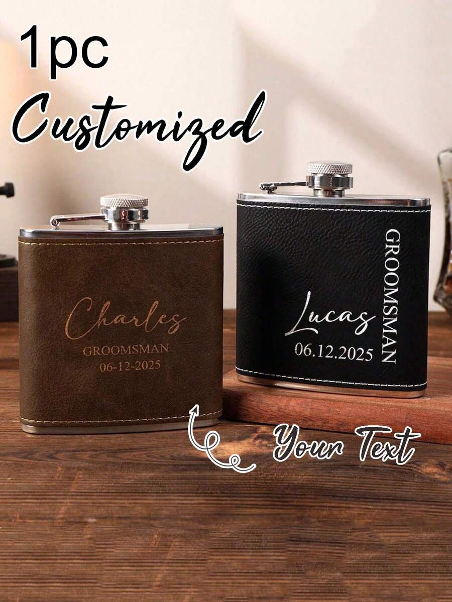 1pc Personalized Leather Flask, Customized Flask, Boyfriend Gift, Birthday Gift, Boyfriend Birthday Gift, Customized Leather Flask, Engraved Leather Flask, Groomsman Personalized Flask, Unique Groomsman Gift, Wedding Bachelor Party Proposal Gift - Multicolor - View 1