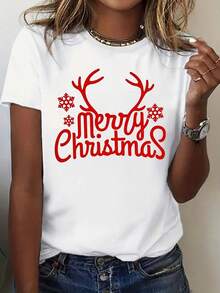 Camiseta navideña con cuernos de reno rojos y estampado de Feliz Navidad, diseño de copos de nieve, ropara fiesta navideña de 220g - Blanco - Ver 2