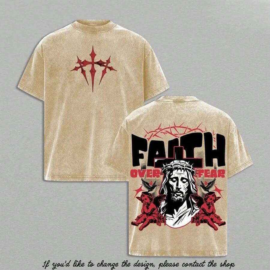 Faith Over Fear T-Shirt, Jesus | Christian Graphic T-Shirt Of The Cross Of Thorns | Angel Print With Vintage Wash Effect | Bold Streetwear | Shirt - 杏色 - 查看 1
