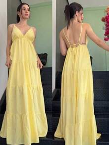 Women's Long Dress With Thin Straps, Loose Fit, Lightweight, Summer Style - 黃色的 - 查看 5