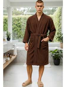 UNISEX WIDE AND LONG BATHROBE EXCELLENT ABSORPTION WITH RIBBON AND POCKETS - 咖啡棕 - 查看 4